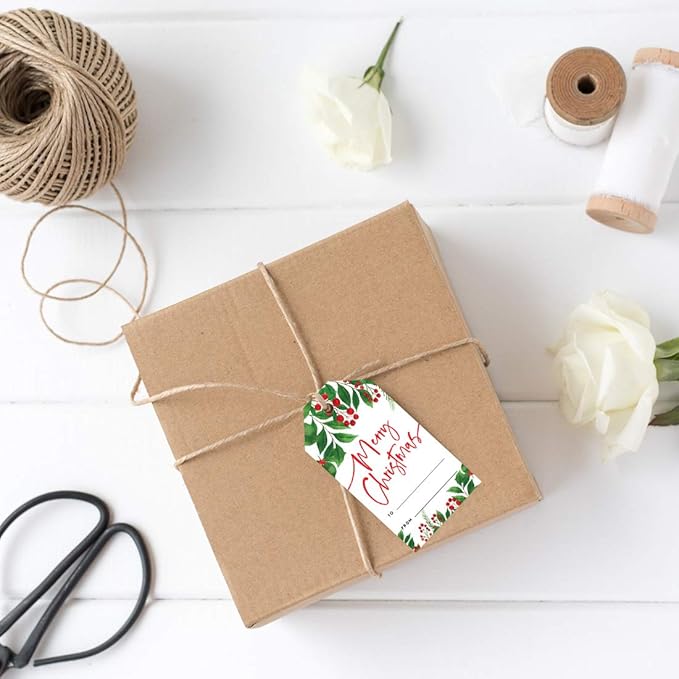 Andaz Press Christmas Holiday Season Classic Gift Tags, Merry Christmas to from Classic Favor Tags, Holly Greenery Leaves Design, for Holiday Events, Parties, and Favors, 60-Pack