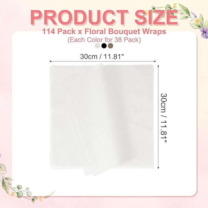 YELARXI Flower Wrapping Paper, Cotton Wrapping Flower Paper, Non-Woven Waterproof Floral Bouquet Wraps - Fitting for (Florist Supplies/Gift) 11.8 x 11.8 Inch & 114 Pack & White/Black/Brown