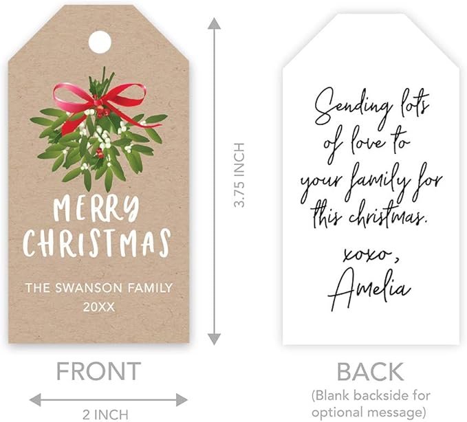 Andaz Press Personalized Christmas Holiday Season Classic Gift Tags, Merry Christmas Custom Family Name and Year, Kraft Brown with Mistletoe Design, for Holiday Events, Parties, and Favors, 60-Pack