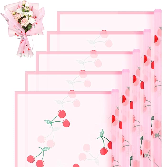 Liobelon 20 Sheets Flower Wrapping Paper Waterproof Bouquet Paper with Cherry Pattern Pink Gift Wrapping Paper for Flower Shop, Wedding, Birthday Party, Handmade DIY, Anniversary 22.8 x 22.8 Inch