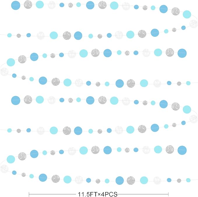 Dusty Blue Silver White Polka Dots Garland Hanging Paper Circle Dot Streamer for Nautical Baby Shower Birthday Wedding Engagement Bridal Shower Retirement Graduation Hen Party Decorations Supplies