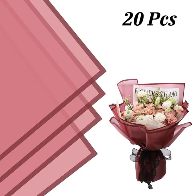 Rumvan Flower Wrapping Paper, 20 Sheets, Waterproof, Floral Bouquet Design, for Wedding, Birthday Gift, DIY Florist Supplies (Red Wine Colour)