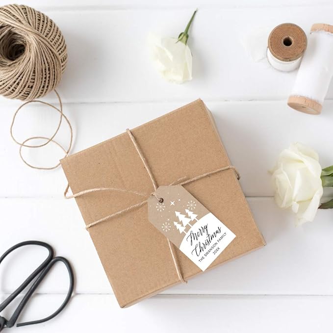 Andaz Press Personalized Christmas Holiday Season Classic Gift Tags, Merry Christmas Custom Family Name and Year, Kraft Brown Minimal Christmas Tree Design, Holiday Events, Parties, Favors, 60-Pack