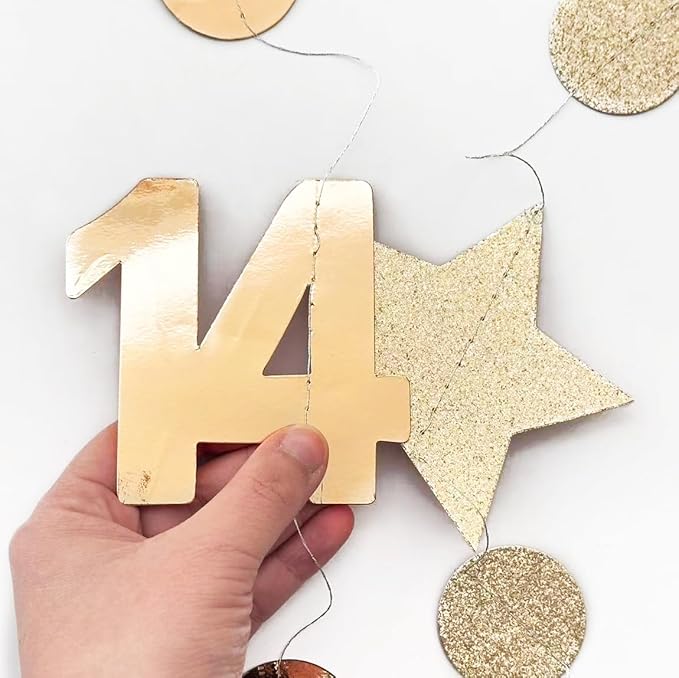 Champagne Gold 14th Birthday Decorations Number 14 Circle Dot Star Garland Streamer Banner Backdrop for Girls Boys Cheers to 14 Years Old Birthday Happy 14th Anniversary Party Supplies