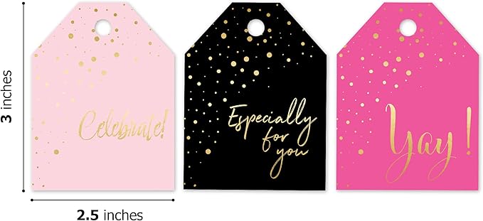 Pro Supply Global 24 Count of 2.5 Inch x 3 Inch Pre Strung Gold Confetti Gift Tag Assorted Printed Designs on Large Cardstock Gift Hang Tags - Ideal to Use on Bags