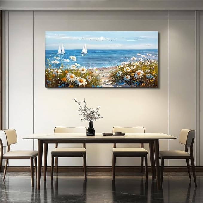 PHAOHUAXM Home Decor Printing Canvas Picture Blue Ocean Landscape Painting Wall Art For Living Room Farmhouse Dinin Mural White Flowers Bedroom Office Wall Decoration Artwork Easy To Hang 20x40 In