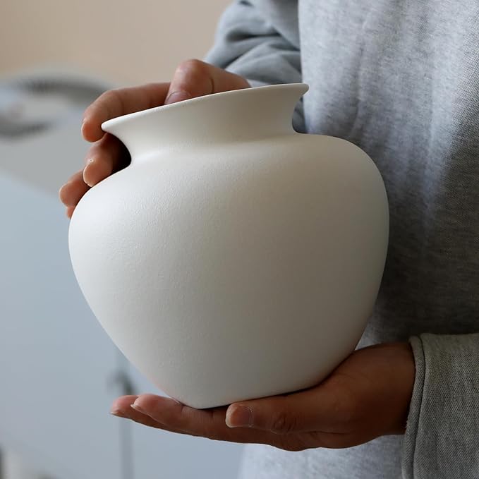 Large White Ceramic Flower vase, Modern Centerpiece Table Decorations,Round Shape Rustic Ceramic vases for Home Decor Dining Room (White, 0619)
