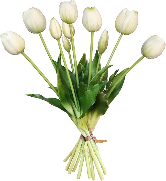 10 Pcs Fake Tulips Tulips Artificial Flowers Real Touch Fake Flowers Artificial Flower Bouquet for Home Table Party Wedding Decoration(White)