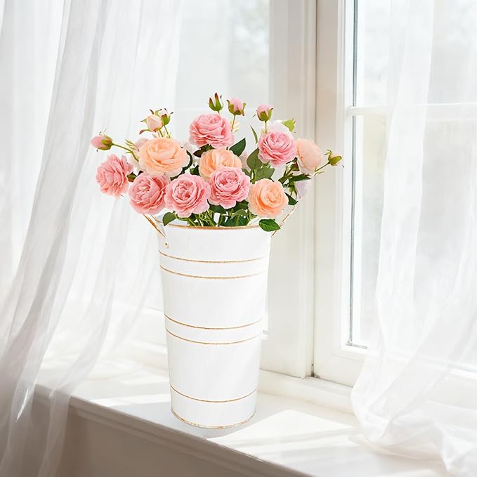 10" Tall Flower Buckets Metal Vase - Pack of 5 Rustic Farmhouse Centerpiece Vases for Table with Handles, Wedding Home Table Decor, Farmhouse White Flower Bar Bucket Holder