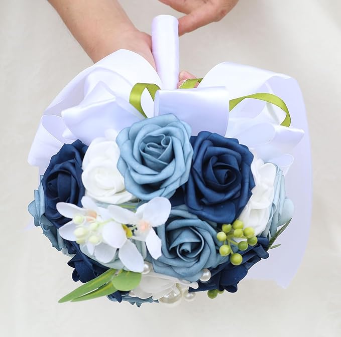 Lightweight Bridal Wedding Bouquet Round Holding Bouquet Throw Toss Artificial Rose Flower Bunch for Bride Bridesmaid Wedding Quinceanera (White & Shades of Blue, 7.9")