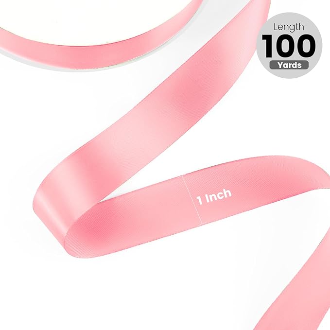 1" x 100 Yards Satin Ribbon - Pink Silk Ribbon with Spool - Ideal for Gift Wrapping, Floral Bouquets, Crafts, Wedding Party Decorations, Christmas and Sewing Projects