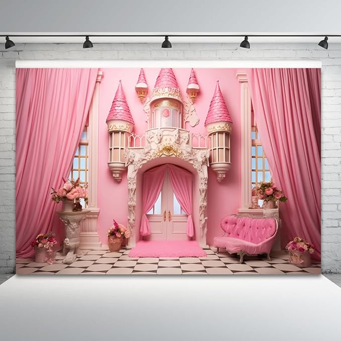 10x6.5ft Pink Castle Backdrop Room Door Curtain Photography Background Flowers Vases Sofa Princess Girl Birthday Banner Decorations Newborn Baby Shower Wedding Party Portrait Photo Booth Prop