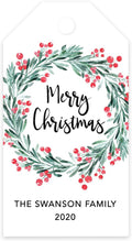 Andaz Press Personalized Christmas Holiday Season Classic Gift Tags, Merry Christmas Custom Family Name and Year, Holly Wreath Design, for Holiday Events, Parties, and Favors, 60-Pack