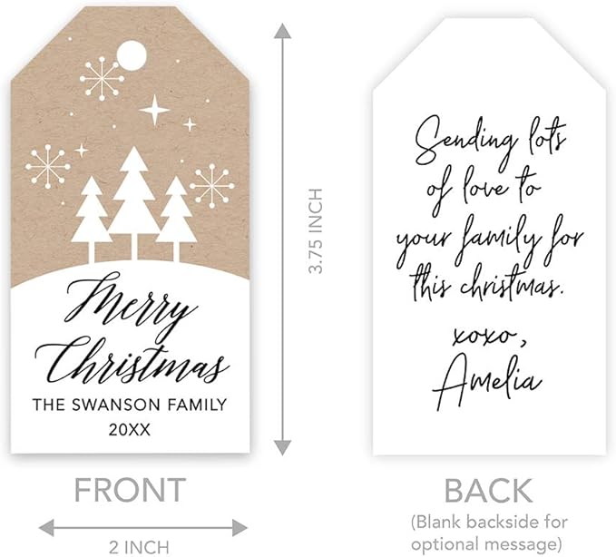 Andaz Press Personalized Christmas Holiday Season Classic Gift Tags, Merry Christmas Custom Family Name and Year, Kraft Brown Minimal Christmas Tree Design, Holiday Events, Parties, Favors, 60-Pack