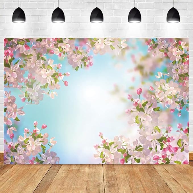 Renaiss 5x3ft Pink Floral Backdrop Romantic Cherry Blossom Blue Sky Sunshine Nature Scenery Polyester Photography Background for Wedding Kids Baby Birthday Party Decor Photo Props