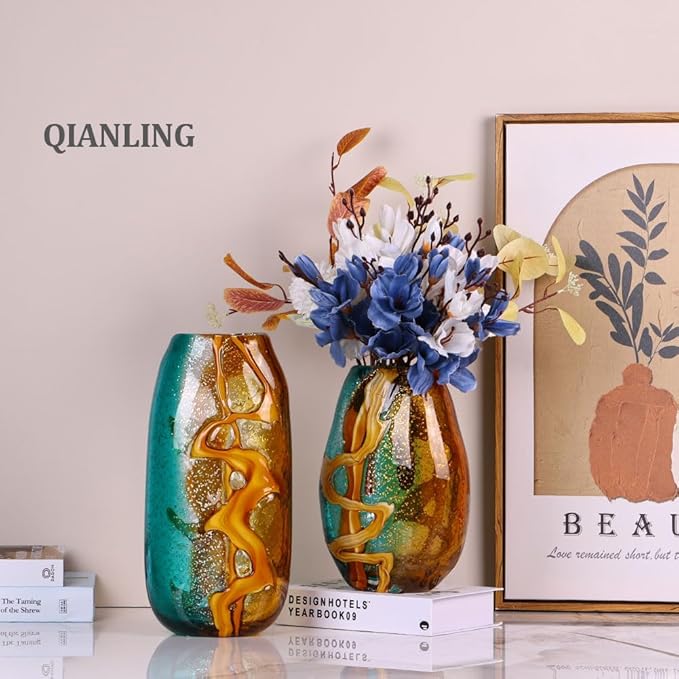 9.8" Hand-Blown Colorful Glass Vase - Green, Blue, Amber, Burnt Orange Decorative Vase for Home Decor - Modern Blue Green Glass for Centerpieces, Weddings, Living Room, Kitchen, Dining, Bedroom Decor