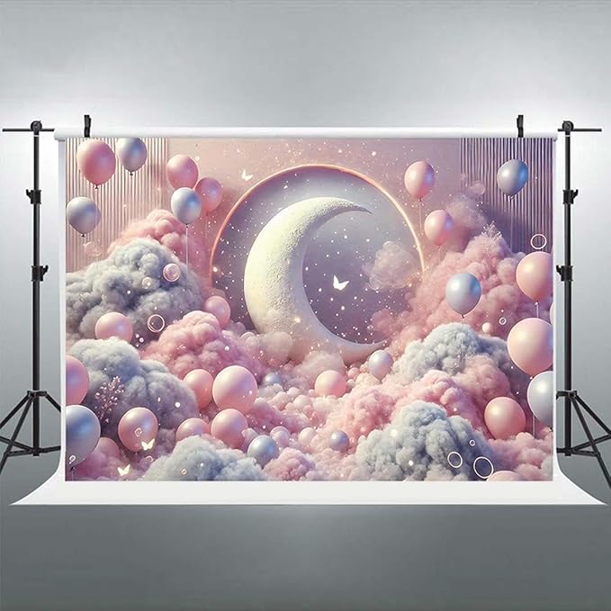 Dreamy Moon and Balloons Backdrop Pink Dreamy Balloon Moon Baby Birthday Decoration Kids Portrait Photo Backdrop Newborn Baby Photography Background (8x6feet)