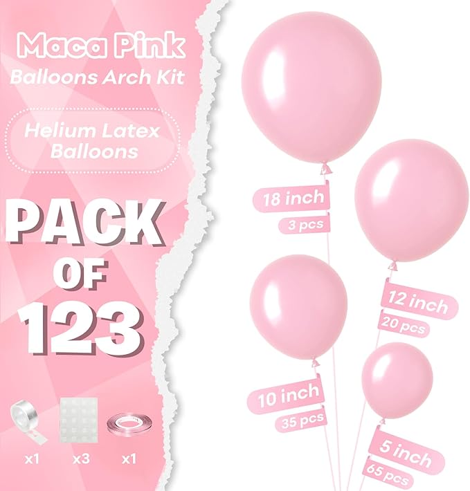 Togvu Pastel Pink Balloons Different Sizes, 123 Packs Pink Balloons, Pack of 18 12 10 5 Inch Baby Pink Balloons Garland Arch Kit for Birthday Baby Shower Gender Reveal Wedding Decoration