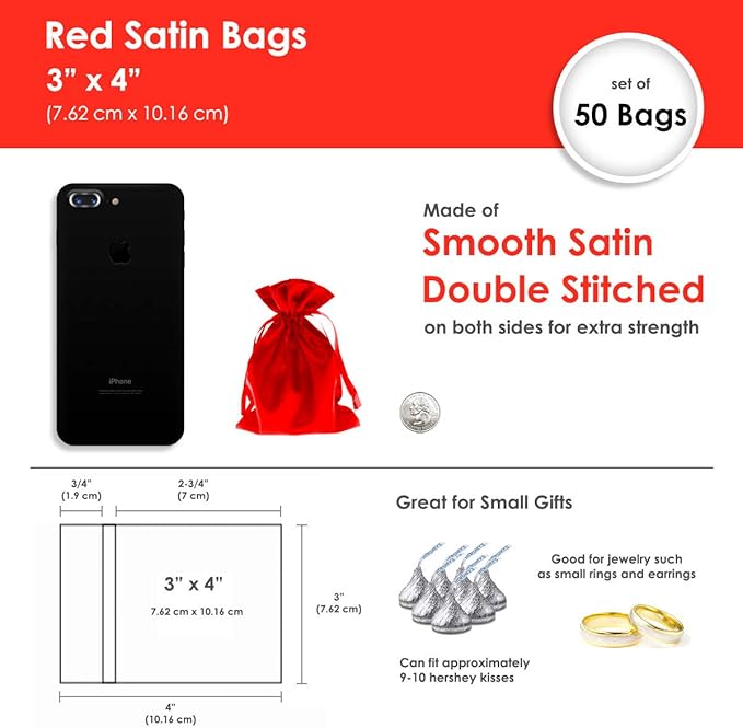 3" x 4" Red Satin Gift Bags, Jewelry Bags, Wedding Favor Silky Drawstring Baby Shower Christmas 50 per Pack
