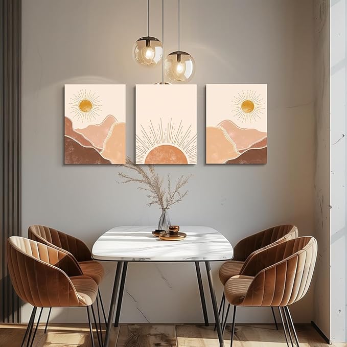 Boho 3 Piece Large Size Canvas Wall Art - Minimalist Abstract Mountain Sunshine Paintings For Living Room, Bedroom, Office & Children's Room Decor