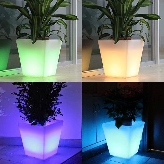 16-In Square LED Planter Pot Outdoor, Large Rechargeable Lighted Flower Pot w/Remote, Dimmable RGB Color Changing Light Up Plant Pots, Modern Waterproof Illuminated Planter for Home Balcony Porch Yard