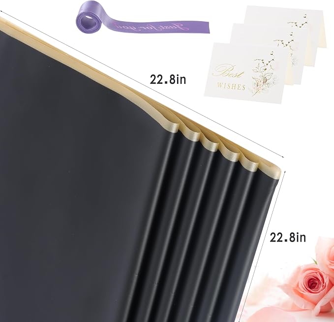 YIDATIKER 20 sheet Flower Wrapping Paper,waterproof floral wrapping paper for bouquets,DIY Florist Supplies Packaging Paper with satin ribbon for Wedding,Birthday,Valentine's Day(Black)