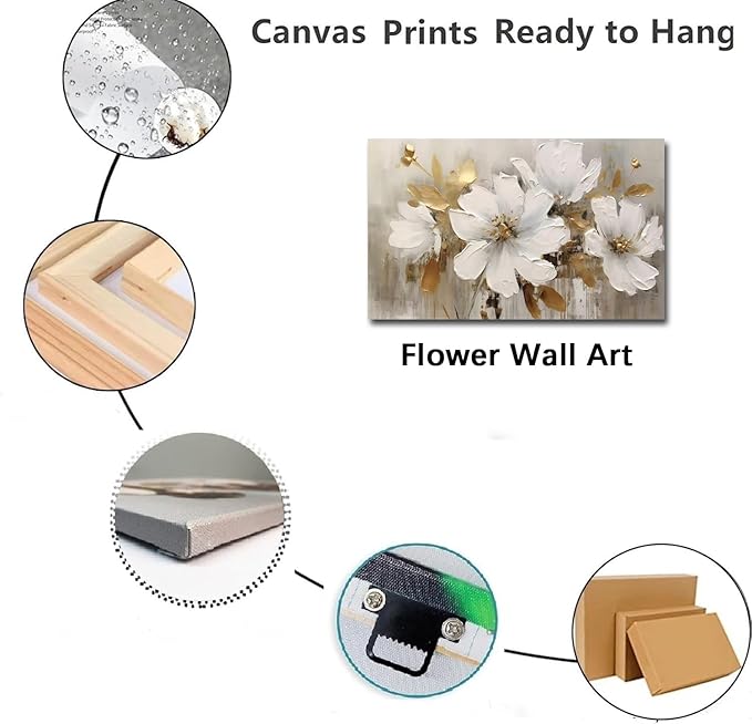 Flower Pictures Wall Decor Framed Abstract White Flower Oil Painting on Canvas Wall Art Modern Abstract Blooming Floral Minimalist Wall Decor Print for Office Living Room Kitchen Decor 12x16 inch