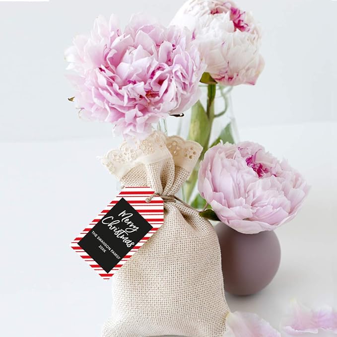 Andaz Press Personalized Christmas Holiday Season Classic Gift Tags, Merry Christmas Custom Family Name and Year, Candy Cane Striped Design, for Holiday Events, Parties, and Favors, 60-Pack