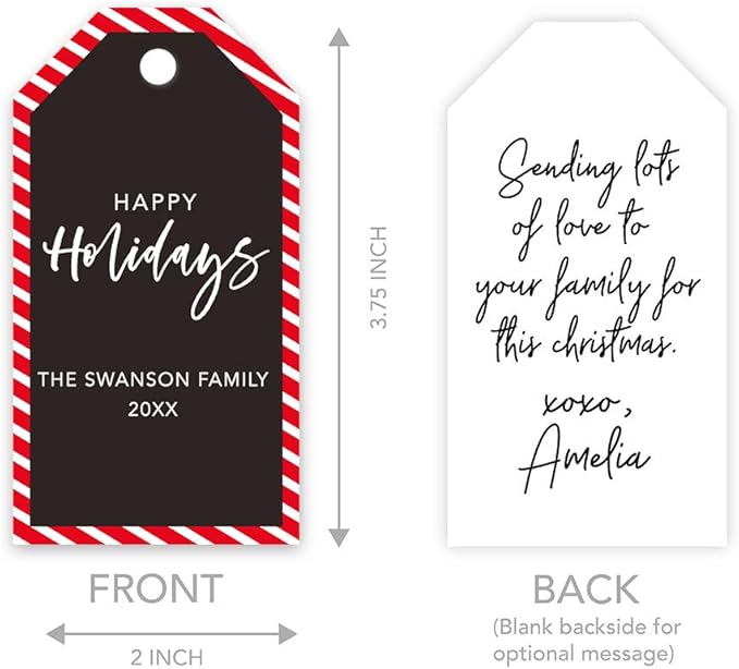 Andaz Press Personalized Christmas Holiday Season Classic Gift Tags, Happy Holidays Custom Family Name and Year, Candy Cane Striped Design, for Holiday Events, Parties, and Favors, 60-Pack