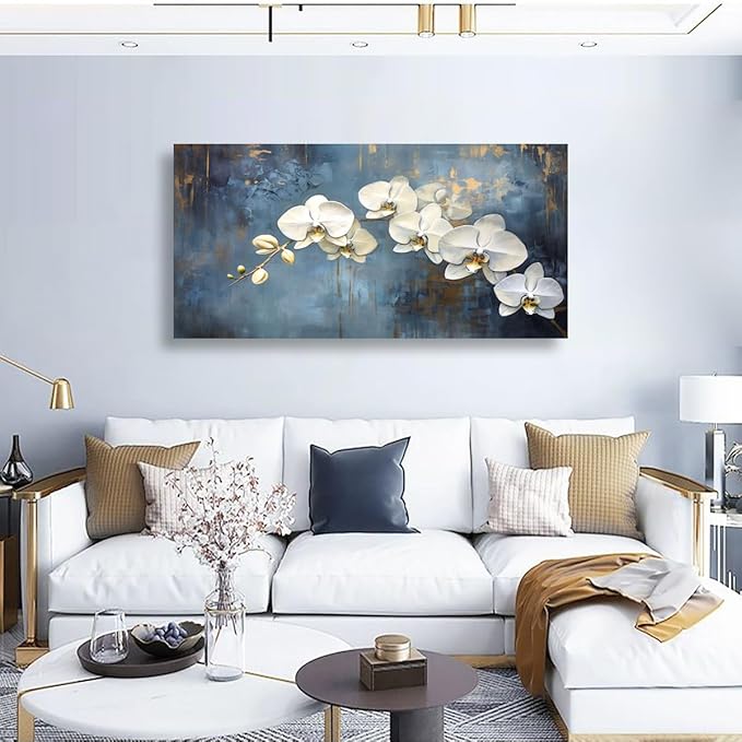 Abstract White Butterfly Orchid Canvas Wall Art for Living room Office Bedroom Flowers Wall Art Print Oil Paintings Modern Blue Gold Rain Mist Pictures Wall Decor Artwork Ready to Hang - 28in * 57inch