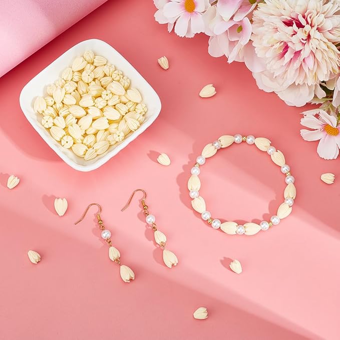 1 Box 100pcs Artificial Coral Beads White Flower Beads Large Synthetic Corals Flowers Floral Shaped Shell Jasmine Bead Bulk for Jewelry Making Women Wedding Party Crafting DIY Accessories