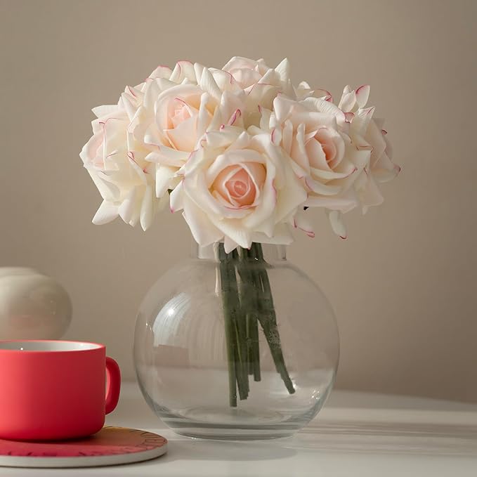 Artificial Roses Single Stem 10pcs Fake Silk Flower Arrangement Bouquet Real Touch for Home Party Wedding Decoration(Pink Edge)