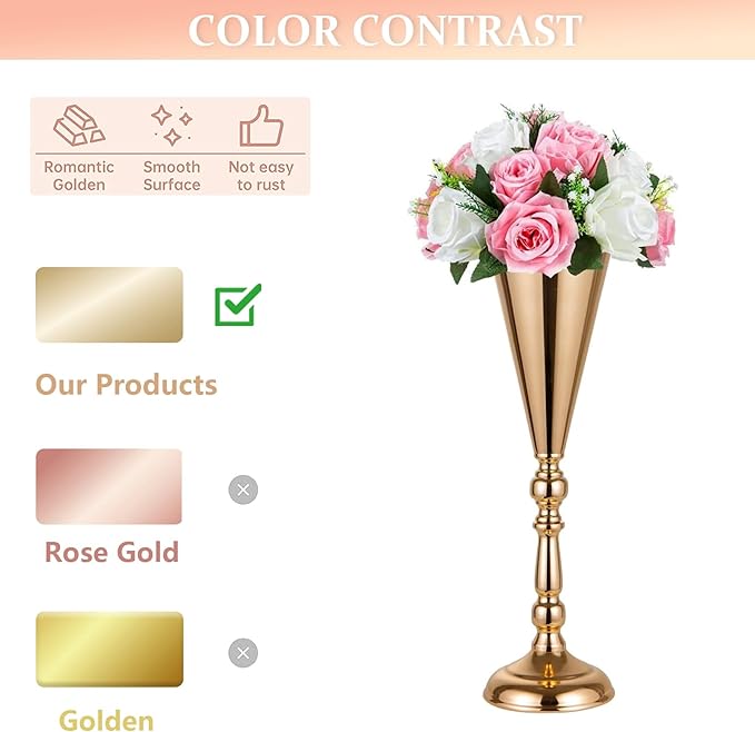 Set of 2 Tabletop Metal Wedding Flower Trumpet Vase Wedding Centerpiece Flower Vase for Wedding Event Decoration Living Decor Party Decor (Gold, 2×L)
