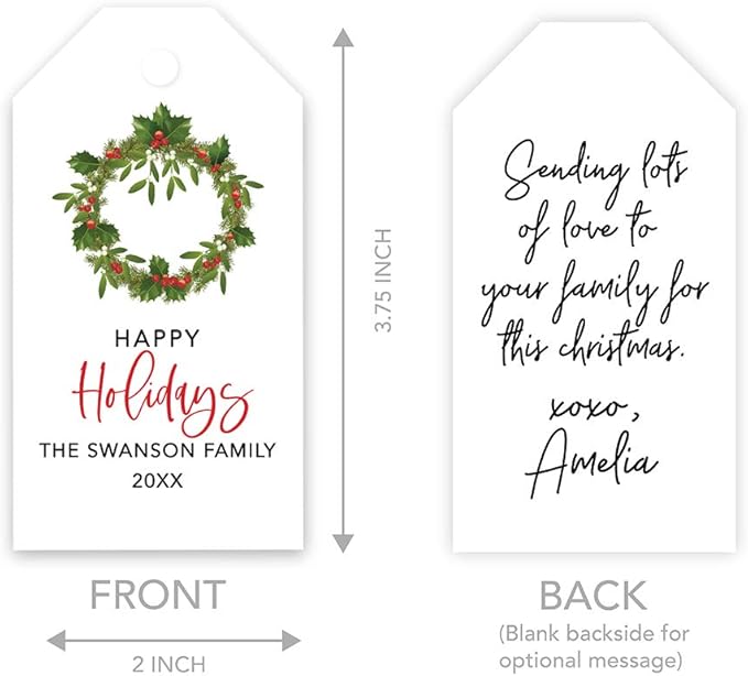Andaz Press Personalized Christmas Holiday Season Classic Gift Tags, Happy Holidays Custom Family Name and Year, Christmas Wreath with Berries Design, for Holiday Events, Parties, and Favors, 60-Pack