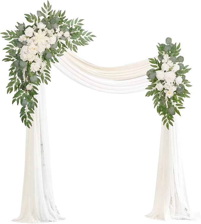 Artificial Arch Flowers Kit(Pack of 4),2Pcs Artificial Flower Arch Decor, 2Pcs Drapes, Ceremony and Reception Background Rose Decoration, White Champagne Floral Party and Outdoor Decor