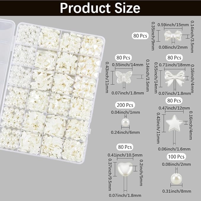 1 Box 7 Styles 700PCS Pearl Beads Kit with Hole Floral White ABS Plastic Heart Star Round Bow Assorted Imitation Pearls Loose Bead for Jewelry Making Bracelet Necklace DIY Crafts Supply