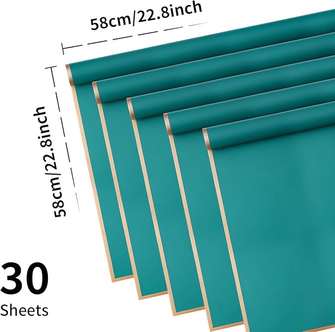 30 Sheets Emerald Green Gold Edge Flower Bouquet Wrapping Paper，Florist Supplies Waterproof Floral Bouquet Wrapping Paper Bouquet Accessorie，Flower Shop Packaging Pape for DIY Gift Wedding Birthday