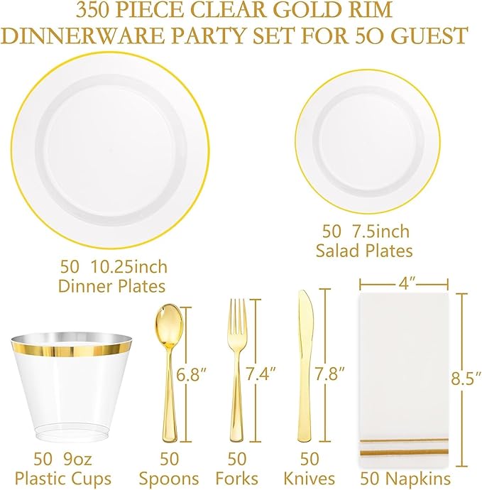 SUT 700Pcs Plastic Dinnerware Set for 100 Guests, Clear and Gold Plastic Plates, Disposable Plates and Napkins Party Supplies, Gold Silverware, Plates, Cups and Napkins Sets for Party Weddings