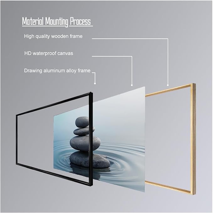 Zen wall art Harmonious grey stones stacked on a calm surface of water Serene Zen decor suitable for tranquil homes and spaces of meditation 8x12in Metal blackFramed