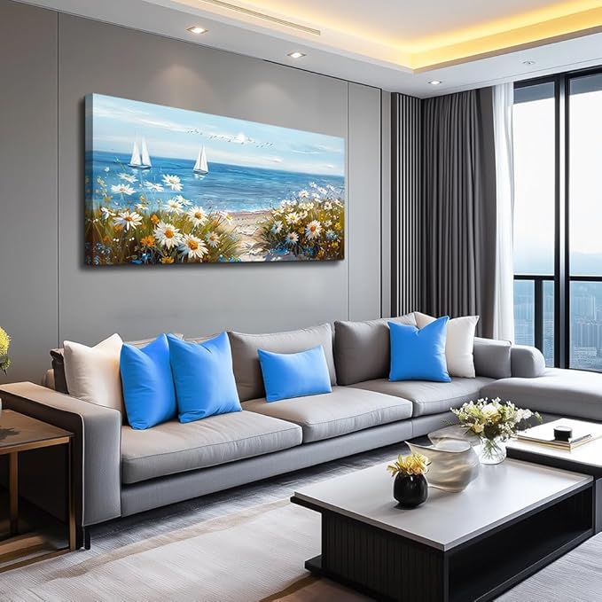 PHAOHUAXM Wall Art For Dining Room Kitchen Blue Ocean Landscape Painting Art Pictures Living Room Decor Vintage Landscape Canvas Print Suitable For Bedroom Office Farmhouse Wall Decoration 24x48 In