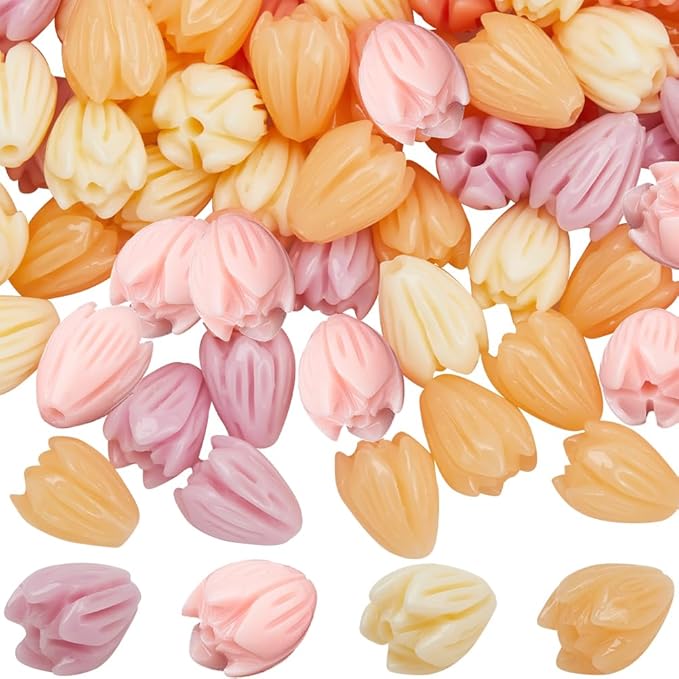 1 Box 100Pcs 4 Colors Acrylic Flower Beads Jasmine Flower Beads Small Coral Shell Dyed Synthetic 3D Carved Cute Loose Beads Flowers for Jewelry Making Beading DIY Bracelet Necklace Earring