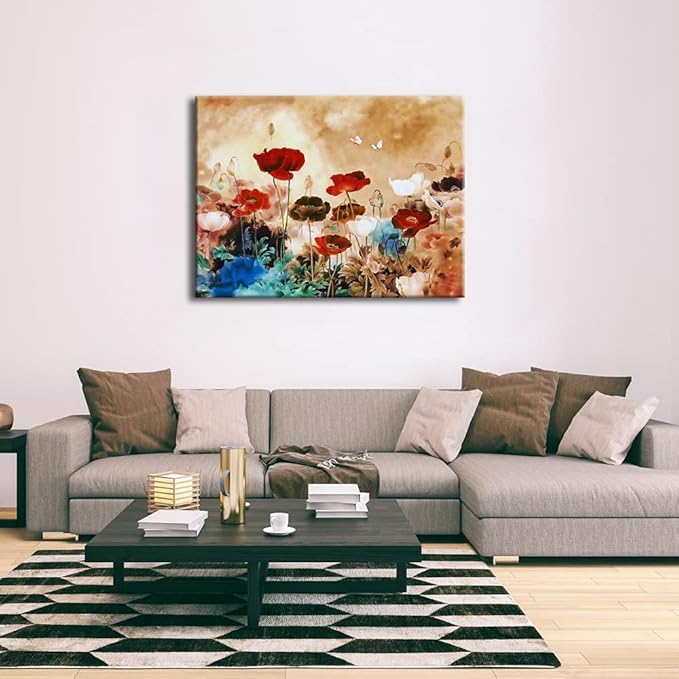 Wieco Art Blooming Poppies Extra Large Modern Gallery Wrapped Contemporary Flowers Giclee Canvas Print Floral Paintings Reproduction Pictures on Canvas Wall Art Work for Home Office Decorations