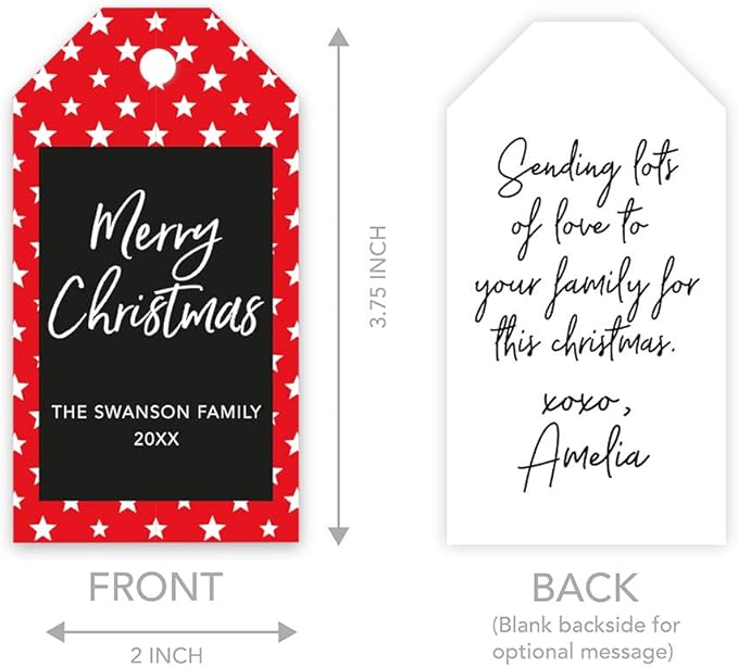 Andaz Press Personalized Christmas Holiday Season Classic Gift Tags, Merry Christmas Custom Family Name and Year, Red with White Stars Design, for Holiday Events, Parties, and Favors, 60-Pack