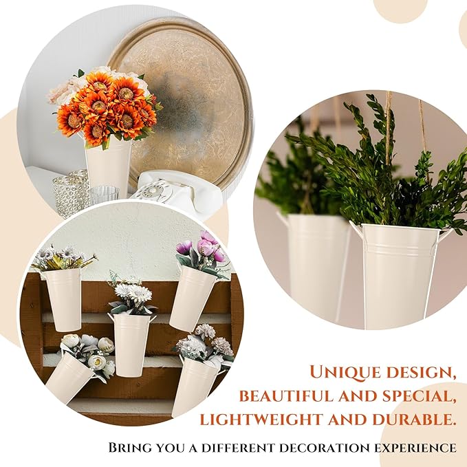 Chumia 12 Pcs Galvanized Flower Bucket 9 Inch Metal Vase Farmhouse Rustic French Flower Bucket with Handles for Home Floral Centerpiece Container Wedding Table Decor(Beige)
