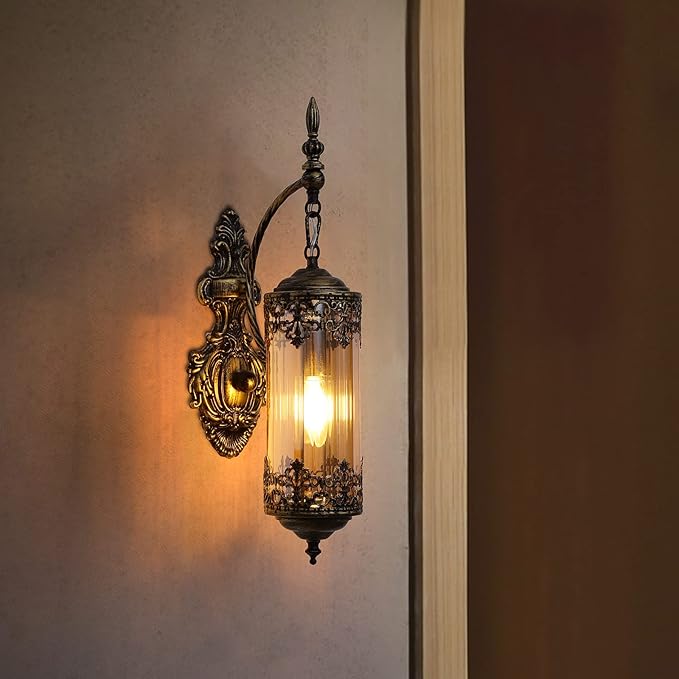 Antique Rustic Wall Sconce with Amber Glass Mini Vintage Gothic Wall Light Fixture Retro Farmhouse Mid Centry Lantern Wall Sconce for Bedroom, Hallway, Mirror, Bursh Gold, E12