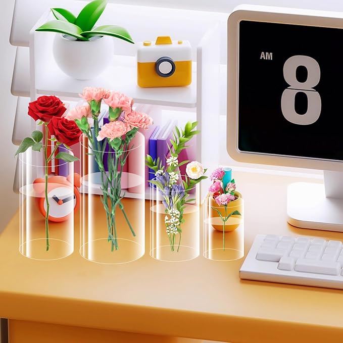 12 Pack Plastic Cylinder Vases, 4 6 8 10 Inch Tall Acrylic Cylinder Clear Flower Vase Set Bulk Glass Like Large Round Plastic Vases for Centerpiece Wedding Home Office (12)