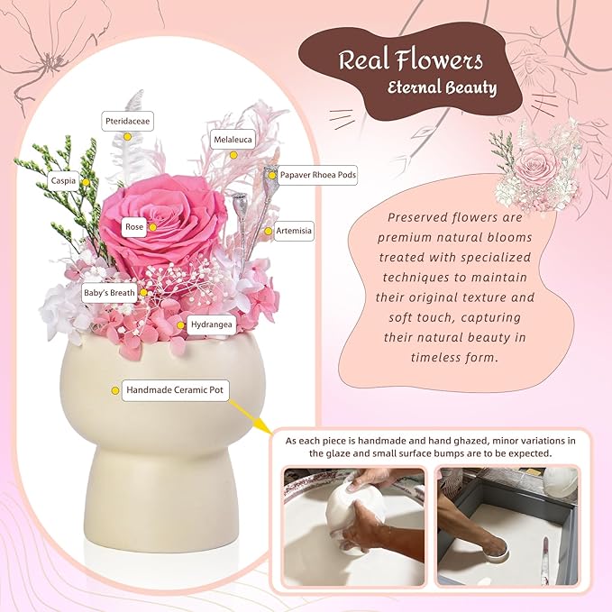 Preserved Floral Gift Set, Everlasting Rose in Small Ceramic Pot - Lasting Beauty for Home Table Decor, Mother's Day, Valentine's Day, Birthday, and Anniversary (Pink)