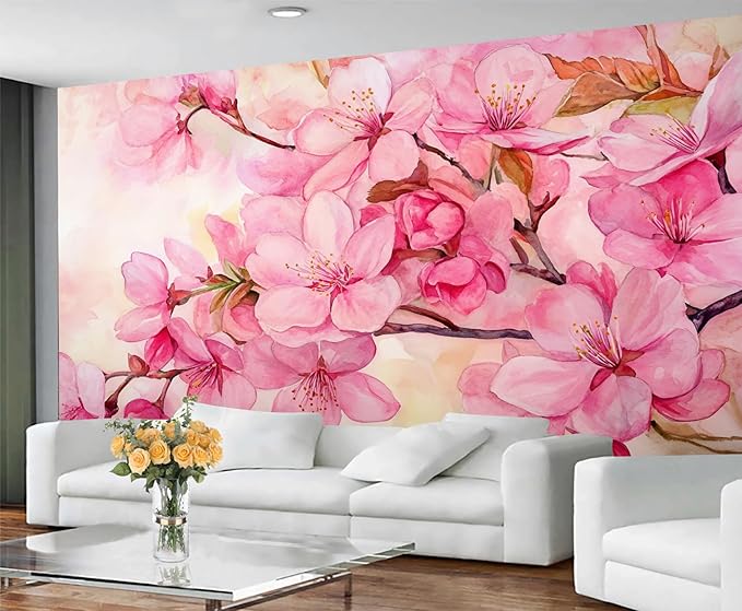 Watercolor Cherry Blossom Wall Mural, Japanese Cherry Blossom 3D Wall Murals, Simple Elegant Flowers Wallpaper Mural, for Living Room Bedroom Large Wallpaper Indoor Decor 169.3" W x118.2 H