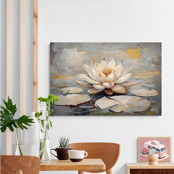 Ethereal white lotus floating on Crystal Waters poster vintage oil painting printwall art soft blush and gold accents serene home and office decor dreamy 12x18in Frameless