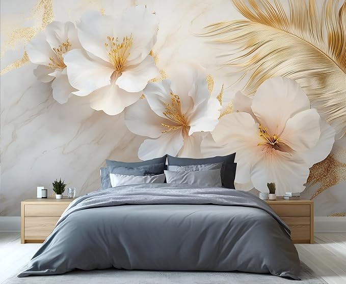 White Flowers Marble Wall Mural, Luxury Floral 3D Wall Murals, Elegant Gold Leaf Design Wallpaper Mural, for Living Room Bedroom Large Wallpaper Indoor Decor 197" W x124.8 H